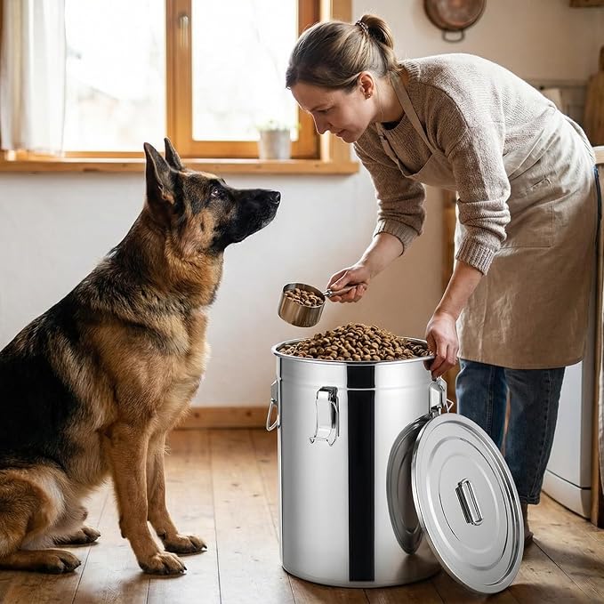 Lounsweer 2 Pack 7 Gal Stainless Steel Dog Food Storage Container with Lid and Locking Clamp 28 L Metal Airtight Container Large Stainless Steel Bucket with Food Scoop for Pet Feed - Image 4