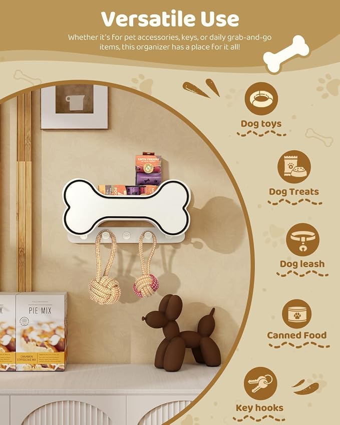 MTERSN Decorative Dog Leash Holder for Wall - Doggie Bone Shape Key Holder Wall Mount with 5 Chic 3D Puppy Paw Hooks & Dog Stuff Storage Shelf - Apartment Essentials (Black & White) - Image 5