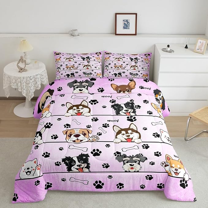 Manfei Cartoon Dog Bedding Set for Boys Girls,Paw Bone Print Light Purple All Season Cozy Comforter Set Full Size,Lovely Pup Pet Animals Lover Duvet Set Bedroom Decor,Personalized Birthday Gifts by Manfei