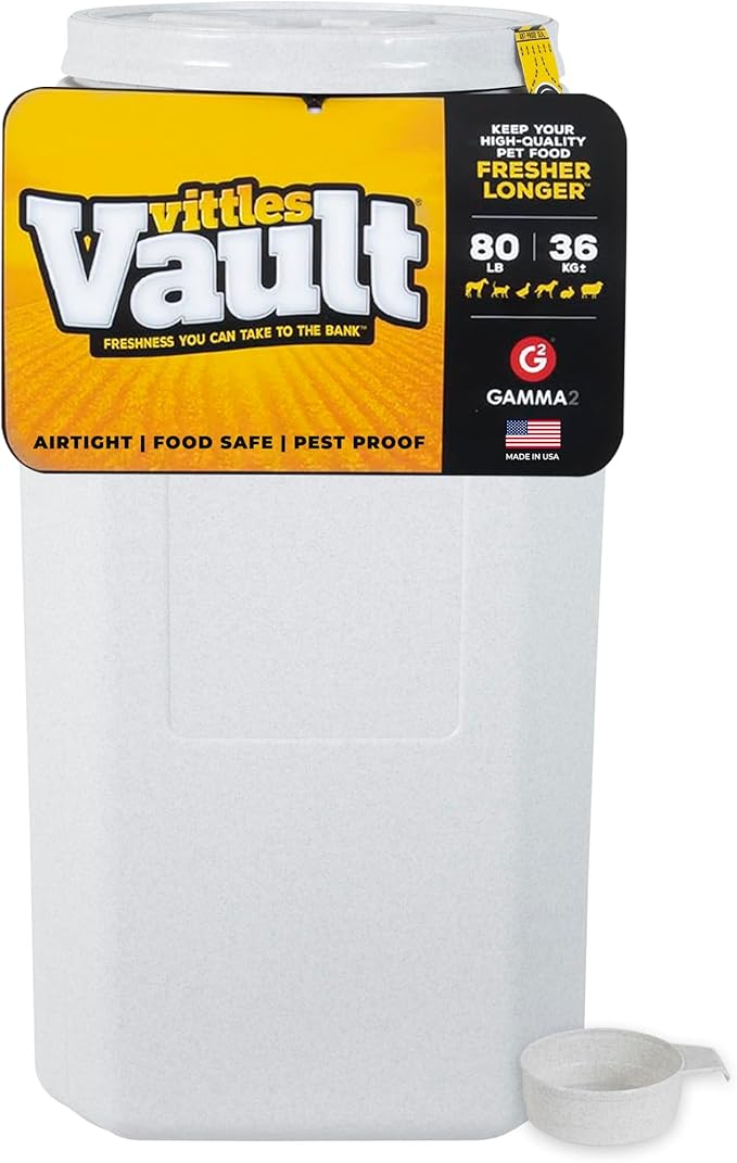 Vittles Vault Traditional Pet Food Storage Container For Dog Kibbles/Bird Seed/Oatmeal/Rice/Flour/Cereal, BPA Free Plastic, Sealed Airtight For Cat Food, Up To 80 lb, Made in USA, With Scoop, Gray by Gamma2