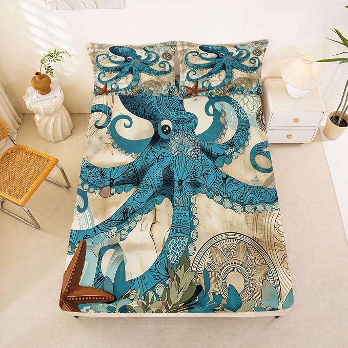 Octopus Bedding Ocean Bed Sheet Set Teal Mystic Kraken Mediterranean Style Design Teal Animal Bedding Sets Octopus Kids Sheet Set for Queen Size Skull Fitted Sheet and Flat Sheet,Marine 2 Pillowcases - Image 2