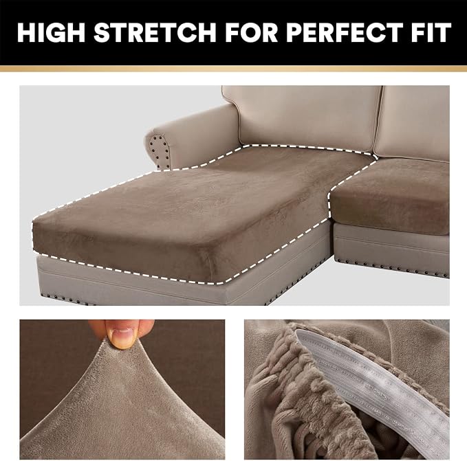 PrinceDeco Sectional Couch Covers 4 Pieces Couch Covers for Sofa Velvet Separate Couch Cover L Shape for Left/Right Chaise(3 Seater + 1 Chaise,Taupe) - Image 5