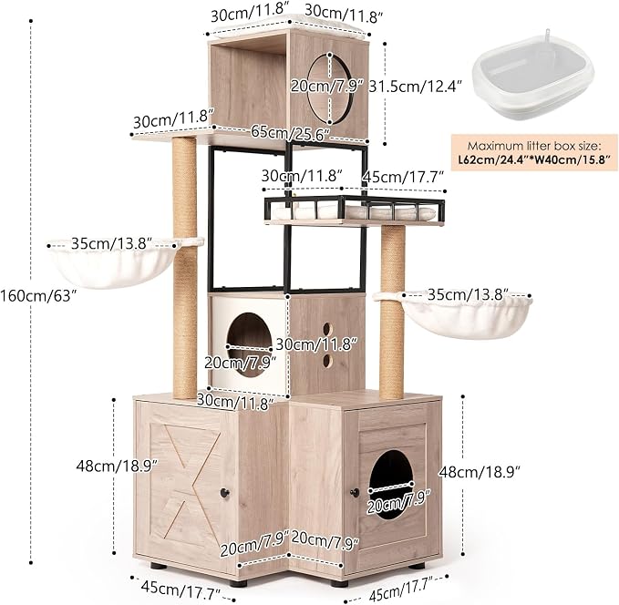 Cat Tree with Litter Box Enclosure, 63" Multi-Functional Cat Tree with Litter Box - Includes Removable Washable Cushion, Scratching Posts & Toy Hanger, Modern Design, Rustic Gray - Image 4