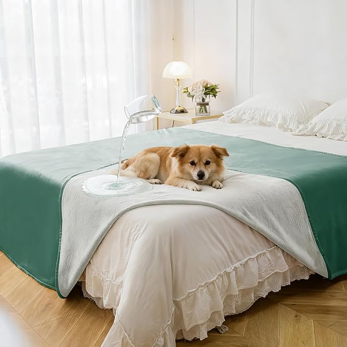 Waterproof Blanket - Reversible Dog Throw as Furniture Protector | Soft Velvet & Flannel, TPU Leak-Proof Liner, Machine Washable, Fits Couch and Bed, 82" x 120", Green/Cream by TuffeelHome