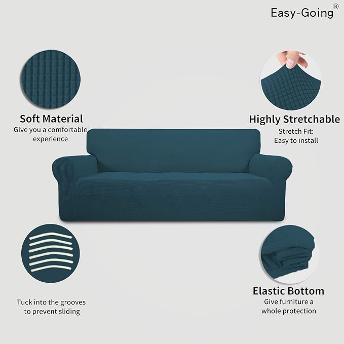 Easy-Going Stretch 4 Seater Sofa Slipcover 1-Piece Sofa Cover Furniture Protector Couch Soft with Elastic Bottom for Kids, Polyester Spandex Jacquard Fabric Small Checks Deep Teal | 1-Piece Extra X-large Sofa Cover Furniture Protector Couch Soft with B... - Image 3