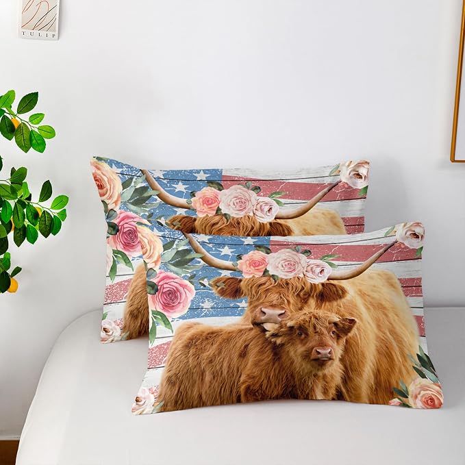 Nttopship Highland Cow Flower Comforter Sets Twin Size for Kids,American Flag Western Animal Bedding Sets All Season 1 Comforter and 2 Pillowcases - Image 5