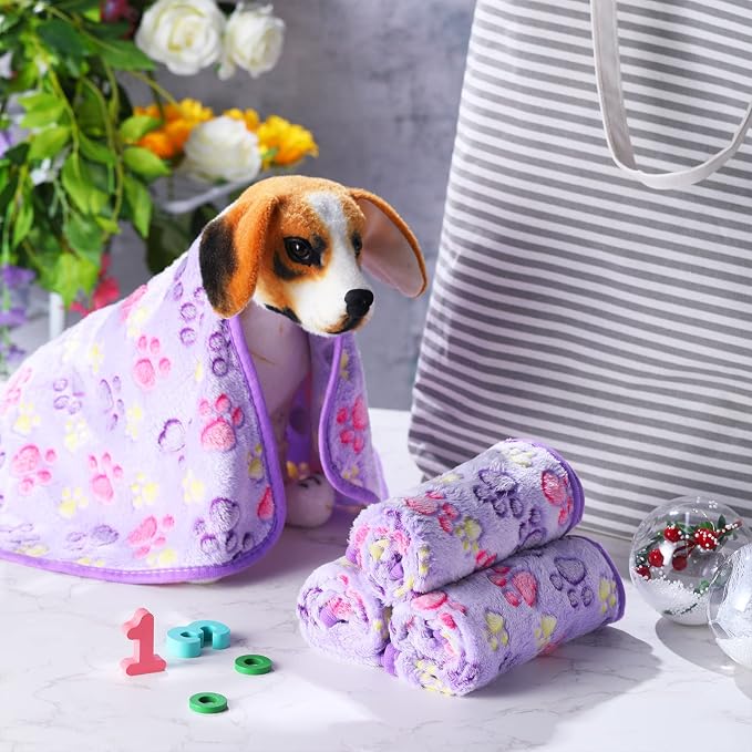 Tatuo 4 Pack Fleece Dog Blankets for Puppy Cats Multi-Size Sleep Mat for Pet Guinea Pig Soft Washable Warm Crate Bed Puppy Teething Toys Print Pattern Blanket Indoor(Purple,30 x 20.5 Inch,Paw) - Image 6