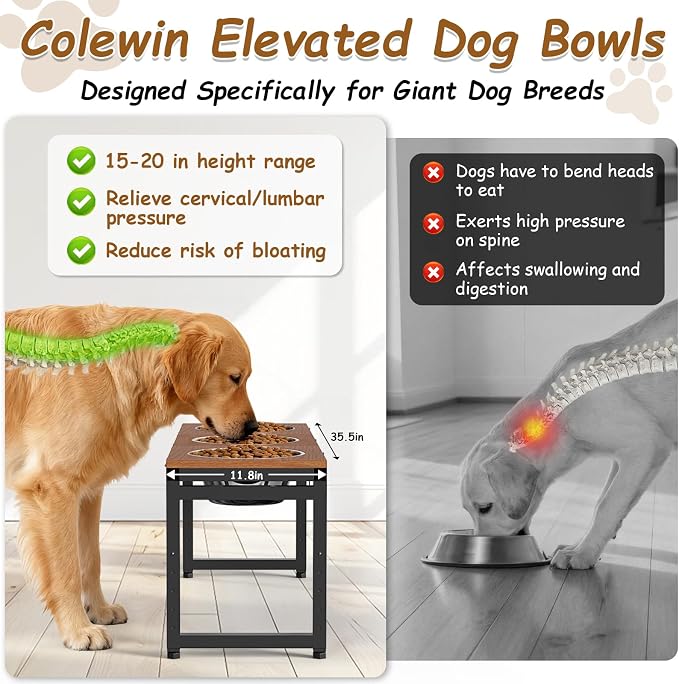 Elevated Dog Bowls Large Breed, Adjustable, 3 Bowl 12.5cup/101oz | 15"/16"/17"/18"/20" Height Fits Giant Dogs Like Great Dane, Stainless Steel Bowls , Iron Holder, Wooden Platform, Grained Oak - Image 2