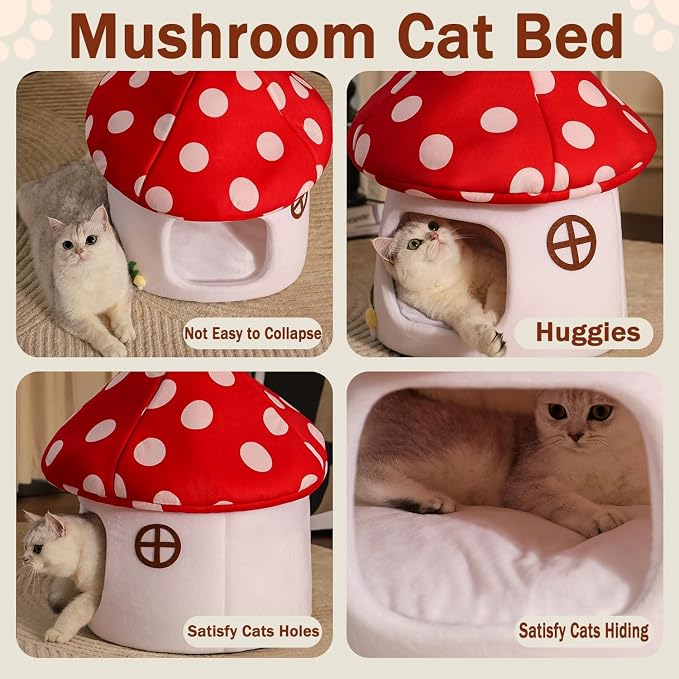 Mushroom Cow Cat Bed House for Indoor Cats & Small Dogs - Soft Cave-Style Pet Nest with Removable Washable Cushion, Plush Semi-Enclosed Cat Cave Tent, Red & White, Cozy Non-Slip Calming Bed - Image 3
