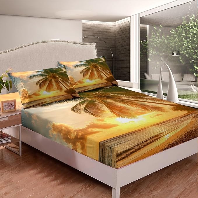 Ocean Sheet Set,Beach Themed Bedding Set Sunset Palm Tree Fitted Sheet & Flat Sheet Teal Blue Brown Ocean Sea Life Pattern Coastal Bed Sheet Set for Kids Boys Girls Bedroom Decor(Twin Size,Top Sheet) - Image 5