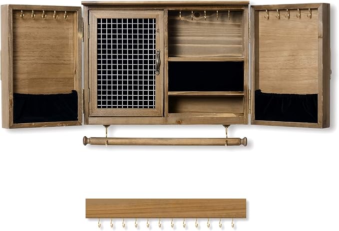 ikkle Wooden Jewelry Organizer Wall Mounted, Hanging Jewelry Holder with Removable Bracelet Rod and Hooks for Necklaces Earrings Bracelets Rings, Brown - Image 8