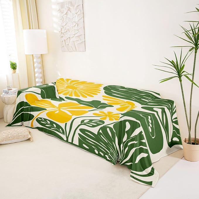 Erosebridal Yellow Green Flower Sofa Cover Minimalist Floral Couch Cover for Kids Women Vintage 70S Modern Sofa Protector Retro Abstract Aesthetic Couch Protector 91" X 134", Washable Non Slip - Image 2