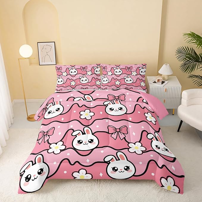 QOOMO Kawaii Rabbit Comforter,Strawberry Rabbit Comforter Set for Kids Teens Girls,3Pcs Bedding Set Printed Comforter with 2 Pillowcases,Down Alternative,Soft and Lightweight(Pink，Twin Size) by QOOMOHOME