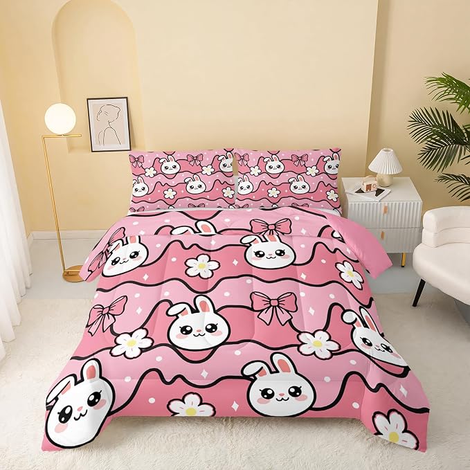 QOOMO Kawaii Rabbit Comforter,Strawberry Rabbit Comforter Set for Kids Teens Girls,3Pcs Bedding Set Printed Comforter with 2 Pillowcases,Down Alternative,Soft and Lightweight(Pink，Full Size) by QOOMOHOME
