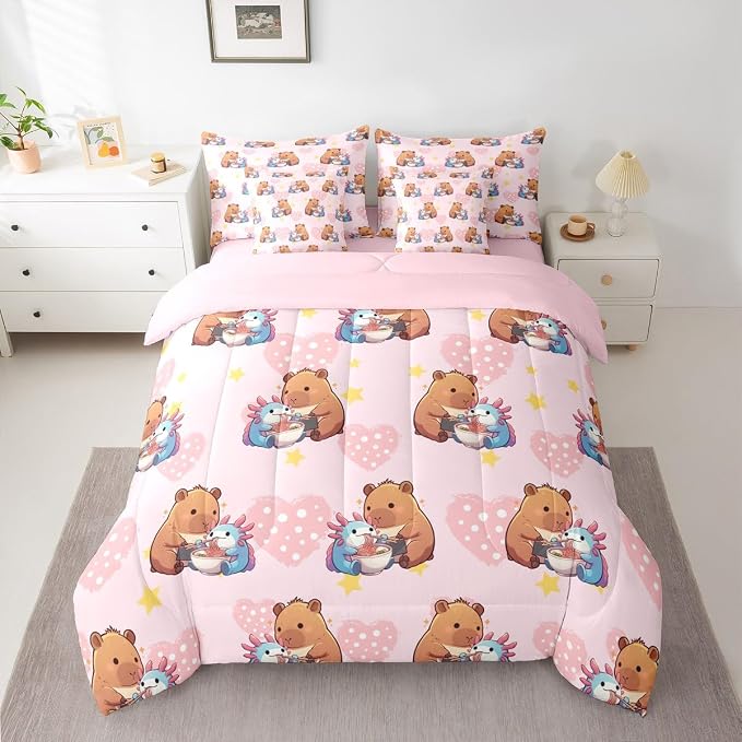 Erosebridal Girls Cute Capybara 7 Pieces Bedding Set, Axolotl Bed in a Bag Full, Capybara Feeding Noodles to Salamanders Pink Comforter Set with Sheets, Star Polka Dot Love Heart Bed Sets - Image 2