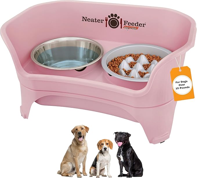 Neater Feeder Express Mess Proof Dog Bowls Elevated for Medium and Large Breed – Made in USA – No Spill Raised Slow Feeder Elevated Dog Bowl Stand, Slow Feed Food and Water Bowl Set, Pink by NeaterPets