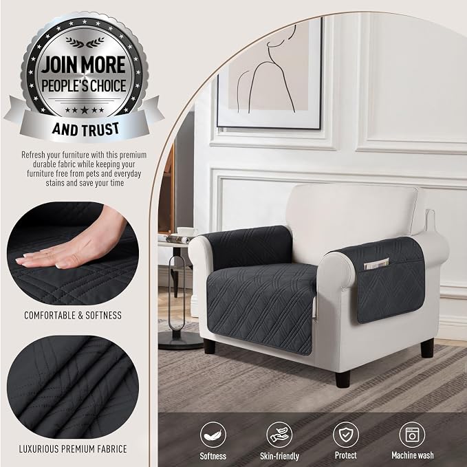TAOCOCO Waterproof Chair Covers for Pets Dogs with Non Slip Backing, Chair Seat Covers with Side Pocket for 1 Seater Couch Washable Dog Couch Cover Protector Sofa Slipcovers(Chair, Black) - Image 2