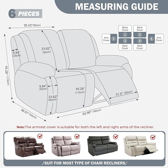 vctops Diamond Recliner Loveseat Slipcover 6-Pieces Stretch Dual Recliner Sofa Covers for 2 Seat Dual Reclining Loveseat Couch Soft Solid Furniture Protector (Light Grey,2 Seat) - Image 2