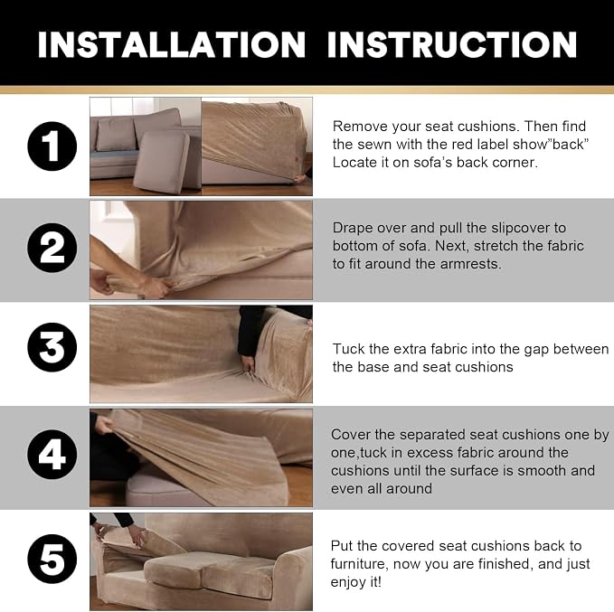 PrinceDeco Velvet XL Couch Cover for Oversized Sofa 4 Piece Sofa Covers for 3 Cushion Couch Washable Furniture Protector with Non Slip Elastic Bottom Width Up to 105 Inch(X-Large, Camel) - Image 7
