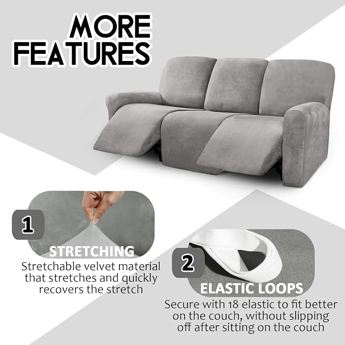 ULTICOR Velvet 8-Pieces Recliner Sofa Covers Stretch Reclining Couch Covers for 3 Cushion Reclining Sofa Slipcovers Furniture Covers Thick Soft Washable (3 Seater Recliner Cover, Light Grey) - Image 4