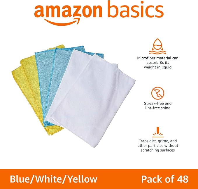 Amazon Basics Microfiber Cleaning Cloths, Highly Absorbent, Scratch-Free, Ultra-Soft, Non-Abrasive, Reusable and Washable, 16" x 12", Blue/White/Yellow, 48-Pack - Image 2