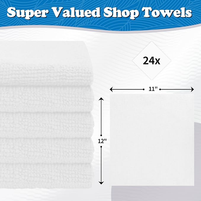 FIXSMITH Microfiber Cleaning Cloth, Shop Towels Bulk, 24 Pack White Microfiber Towels for Cars, All-Purpose Absorbent Cleaning Rags, Dust Cloth for Automotive, Mechanic, Garage, Bar, 12 x 11 inch - Image 2