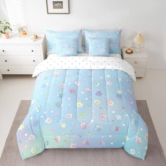 Feelyou Cute Flower 7 Piece Bedding Set Queen Size Cartoon Flower Bed in a Bag for Kids Girls Teens Toddler Rainbow Comforter Set with Sheets Cartoon Bed Set by Feelyou