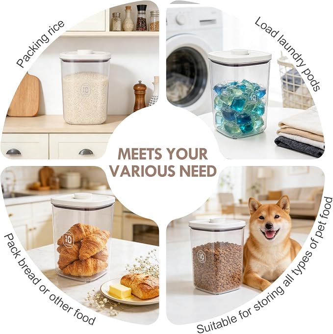 LEAWALK 10Lbs/10.57Qt Airtight Dog Cat Food Storage Container and Dog Treat Containers BPA-Free, PET Clear Stackable Pet Storage Bin, Pop Top, 1-Cup Scoop for Pet Food/Rice/Flour/Bread/Grains - Image 2
