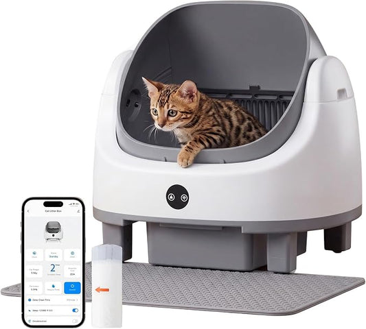 Automatic Litter Box App Control Self Cleaning Litter Box Odor Control＆Safety Protection for Multiple Cats with Garbage Bag, Cat Litter Mat and Fragrance Box,Grey by Nordivale
