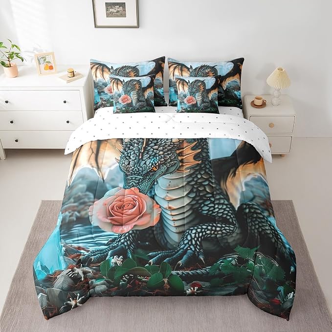 Erosebridal Magical Animal King Bedding Set - Flower Dragon Bed in A Bag,3D Wildlife Comforter Sets with Sheets, Cute Wild Animal 7 Pieces Bed Set Bedroom Decor - Image 2