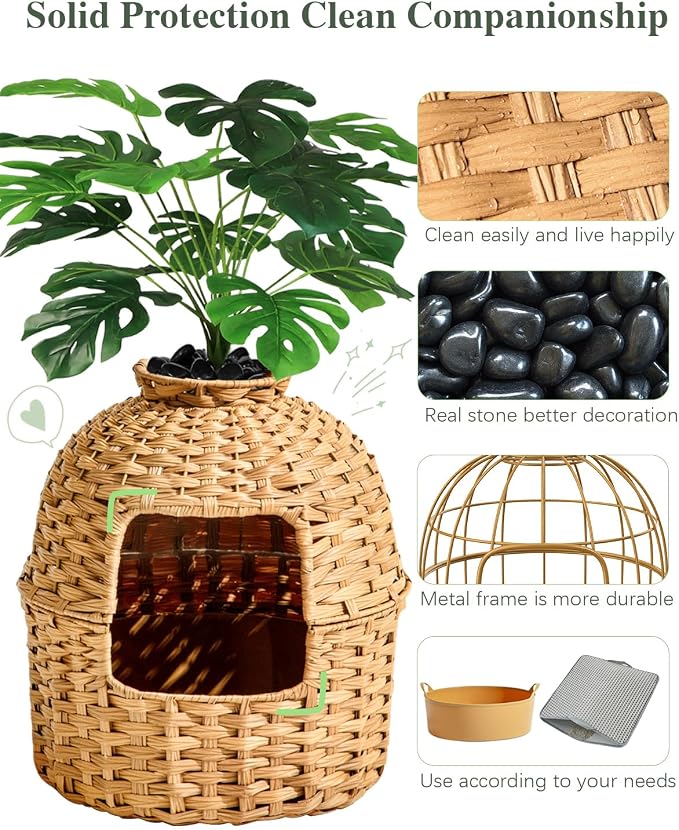 SETVSON Cat Litter Box Enclosure Plant, PE Rattan Kitty House, Natural | Decorative Planter Design, Waterproof Inner PVC Liner, Includes Artificial Plants, Real Stones, Litter Mat, 20x20 Inches - Image 3