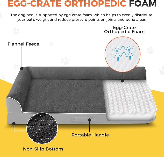 Dog Bed Large Sized Dogs, XL Orthopedic Dog Bed for Large Dogs 42"x30"x7.5", Waterproof Pet Bed with Washable Removable Cover, L-Shaped Pet Couch with Portable Handle, Grey Flannel - Image 2