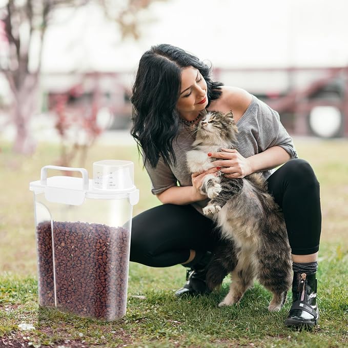 5Lbs Airtight Dog Cat Storage Container Portable with Upgraded Large Spout and Cup, Plastic Pet Food Dispenser for Small Animal Kibble, Bird Seed, Oatmeal, Rice, Flour, Brown Sugart-2 Pack Milky white - Image 7