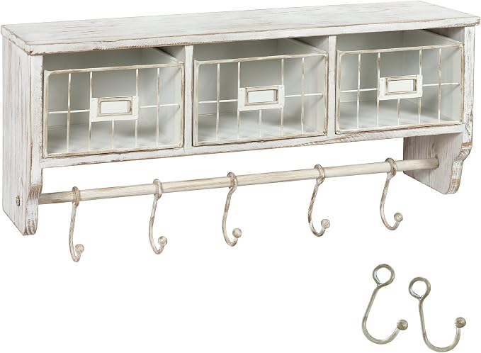 HBCY Creations Wall Mounted Shelf with Coat Hooks and Baskets, Solid Wood Entryway Organizer Wall Shelf with Hooks - Hang Coats, Keys or Coffee Mugs, Rustic Brown 24" Wide - Image 9
