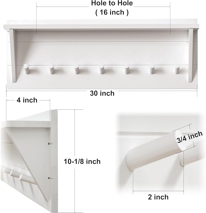 WEBI Coat Rack Wall Mount with Shelf,30" Long Entryway Wall Shelf with Hooks Underneath,7 Peg Hooks for Hanging Coats,Caps,Jacket,Clothes,White - Image 3