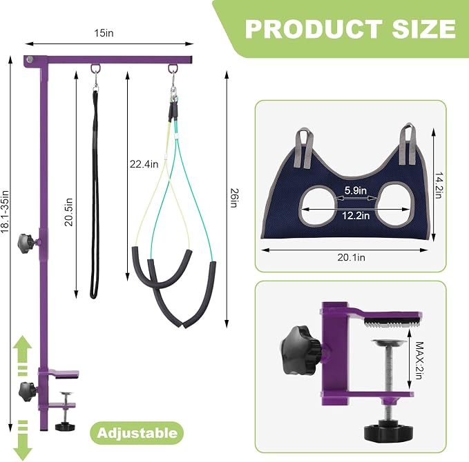 Home Dog Grooming Table Arm with Hammock 35" Height Adjustable Dog Grooming Arm with Clamp No-Sit Haunch Holders Durable Purple(Grooming Table Not Included) - Image 6