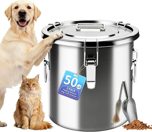 50 lb Stainless Steel Dog Food Storage Container, Airtight Metal Pet Food Storage Bin with Lid and Scoop, Large Dog Food Container for Dry Food, Keep Fresh, Easy to Clean by PawtyPets