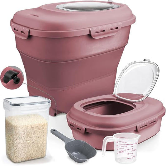 Komzon Rice Storage Bin Cereal Containers, 13-50lb Collapsible Rice Container Dispenser with Transparent Lid, Rolling Wheels, Measuring Cup and Scoop, Airtight Dog Cat Pet Food Storage Container Pink by Komzon