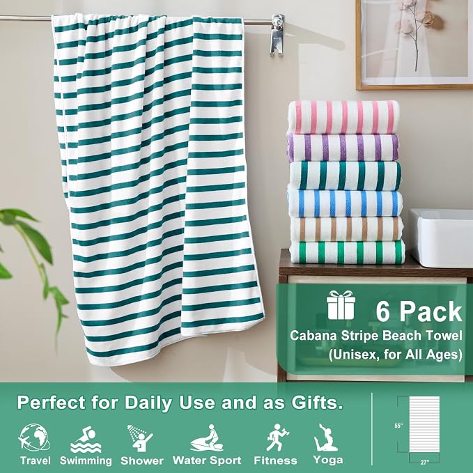 JML Microfiber Beach Towels, 6 Pack, 27" x 55", Cabana Stripe Dark Green | Soft, Absorbent, Quick Drying Lint-Free, No Fading for Summer Party, Pool, Sport, Yoga, Swimming - Image 2