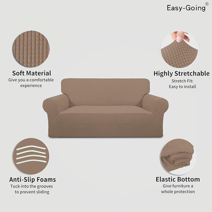 Easy-Going Stretch Oversized Loveseat Couch Covers Washable Camel | 1-Piece Large Loveseat Cover for 2 Cushion Couch Furniture Protector RV Sofa Slipcover Soft with Bottom for Kids Pets - Image 3