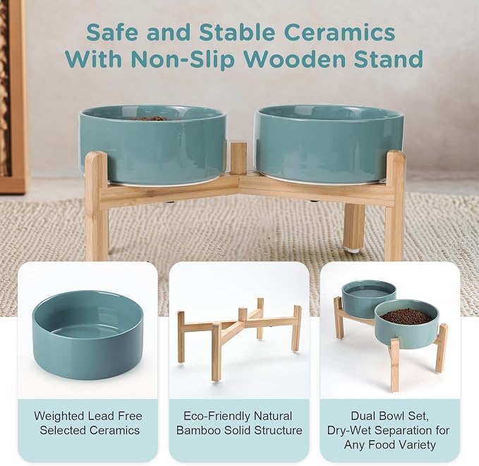 SPUNKYJUNKY Elevated Dog Bowls Ceramic, 7.3'' Dogs Food Water Bowls Raised with Non-Slip Bamboo Stand for Medium to Large Sized Breed Microwave Dishwasher Safe - 42 OZ,Dark Green - Image 6