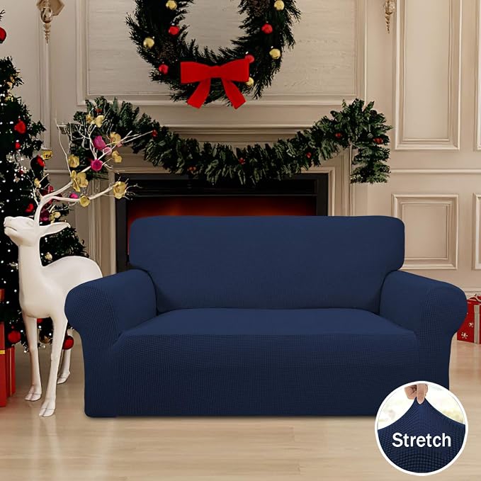 Easy-Going Stretch Loveseat Couch Covers Washable Navy | 1-Piece Loveseat Covers for 2 Cushion Couch Furniture Protector RV Sofa Slipcover Soft with Bottom for Kids Pets - Image 2