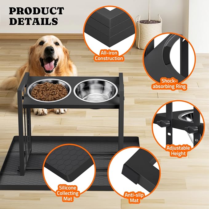 Elevated Dog Bowl for Medium Breed, Height Adjustable Feeder with Mat Black | Adjustable Height at 15°Tilted Angle, Lightweight, Nonslip, All-Iron Structure, Stainless Steel bowls, Easy Assembly Cleaning - Image 5