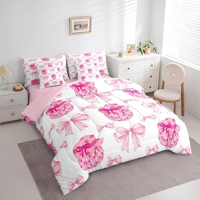 Erosebridal 7 Piece Pink Bowknot King Bedding Set for Girls Women,Western Cowgirl Kids Comforter Set,Disco Ball Duvet Set,Rustic Farmhouse Cowboy Quilt Comforter,Hippie Bow Valentine Day Sheet Set - Image 3