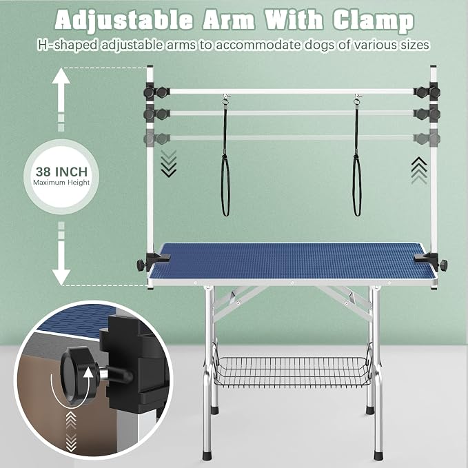 Lyromix 46'' Stainless Steel Pet Dog Grooming Table, Arm/Noose/Tray, Blue | Foldable Dog Grooming Table for Dogs at Home, Adjustable Height Arm, Non-Slip Waterproof Tabletop, Capacity 330Lb - Image 4