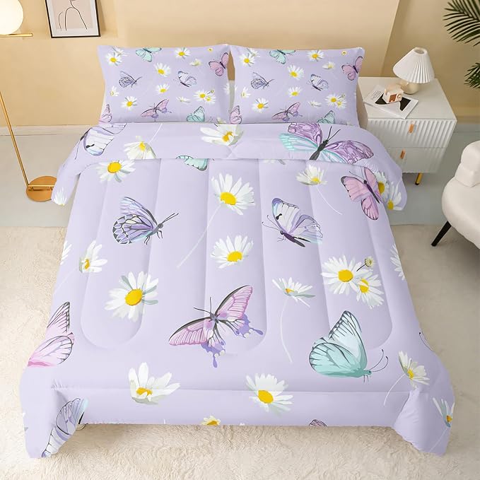 QOOMO Butterfly Comforter Set for Kids Teens Girls Women,Daisy Kids Comforter,1 Comforter with 2 Pillowcase, Microfiber 3 Piece Bedding Set,for All Seasons，King Size - Image 2