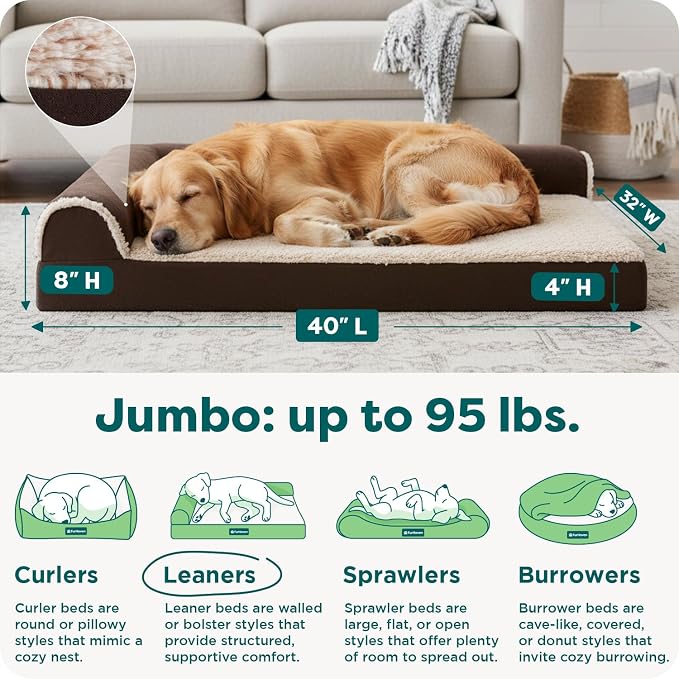 FurHaven Orthopedic Dog Bed for Large Dogs, L-Shaped Chaise Mattress with Orthopedic Egg Crate with a Solid Orthopedic Foam Base for Joint Support, Washable Cover, Jumbo XL, Faux Fur & Suede, Espresso - Image 3
