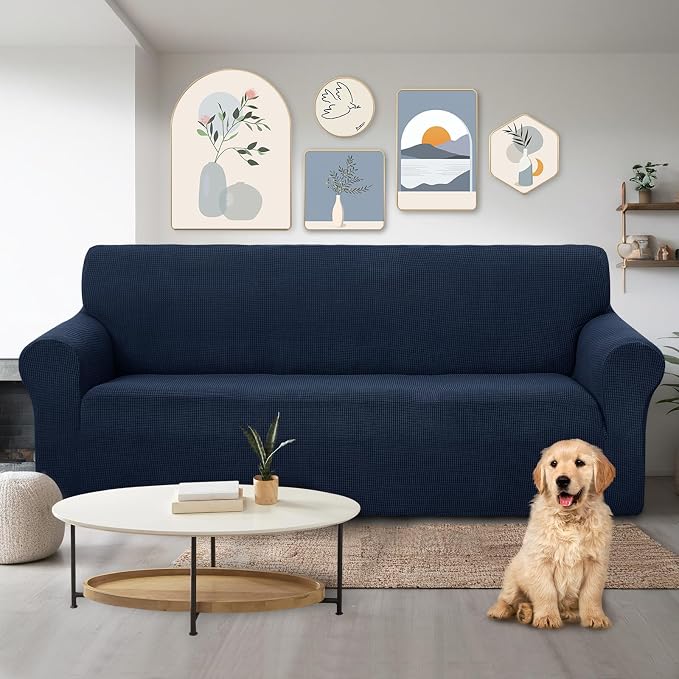 U-NICE HOME Stretch Couch Cover Slipcover for 3 Cushion Sofa, Navy | 1-Piece Sofa cover, Washable, Pet friendly, Furniture protector, Polyester Spandex Jacquard fabric - Image 2