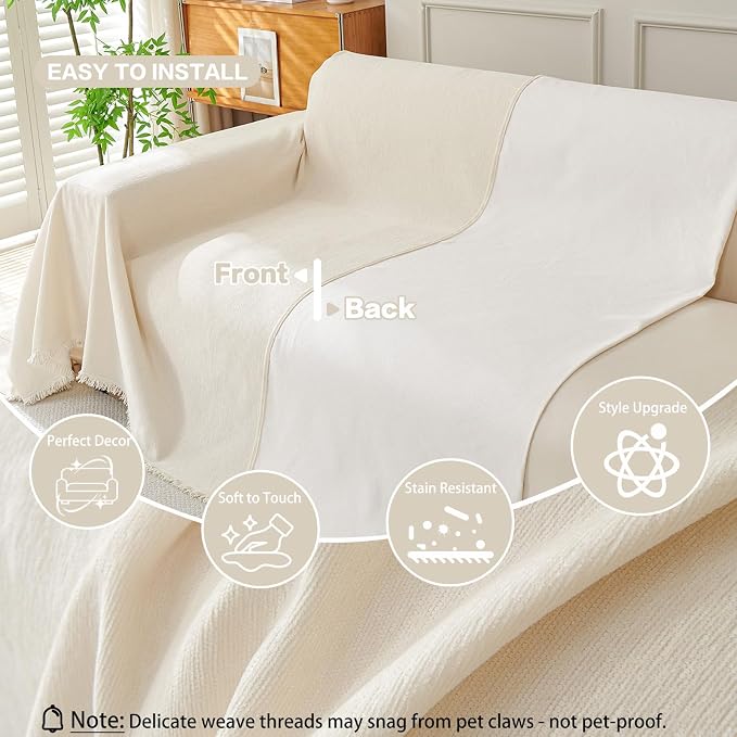 DREAMINGO Sofa Covers Washable Thick Chenille Couch Cover for 2 Cushion Couch Sofa Multi-Use Couch Cover Blanket Modern Pet Furniture Protector Sectional Couch Slipcover 71"x118", Beige White - Image 3