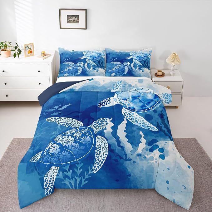 Homewish Sea Turtle Comforter Set Queen, Octopus Seaweed Silhouette Bedding for Room Decor, Navy Blue Tie Dye Quilt Undersea Animals Plants Duvet Insert 3pcs with 2 Pillowcases - Image 4